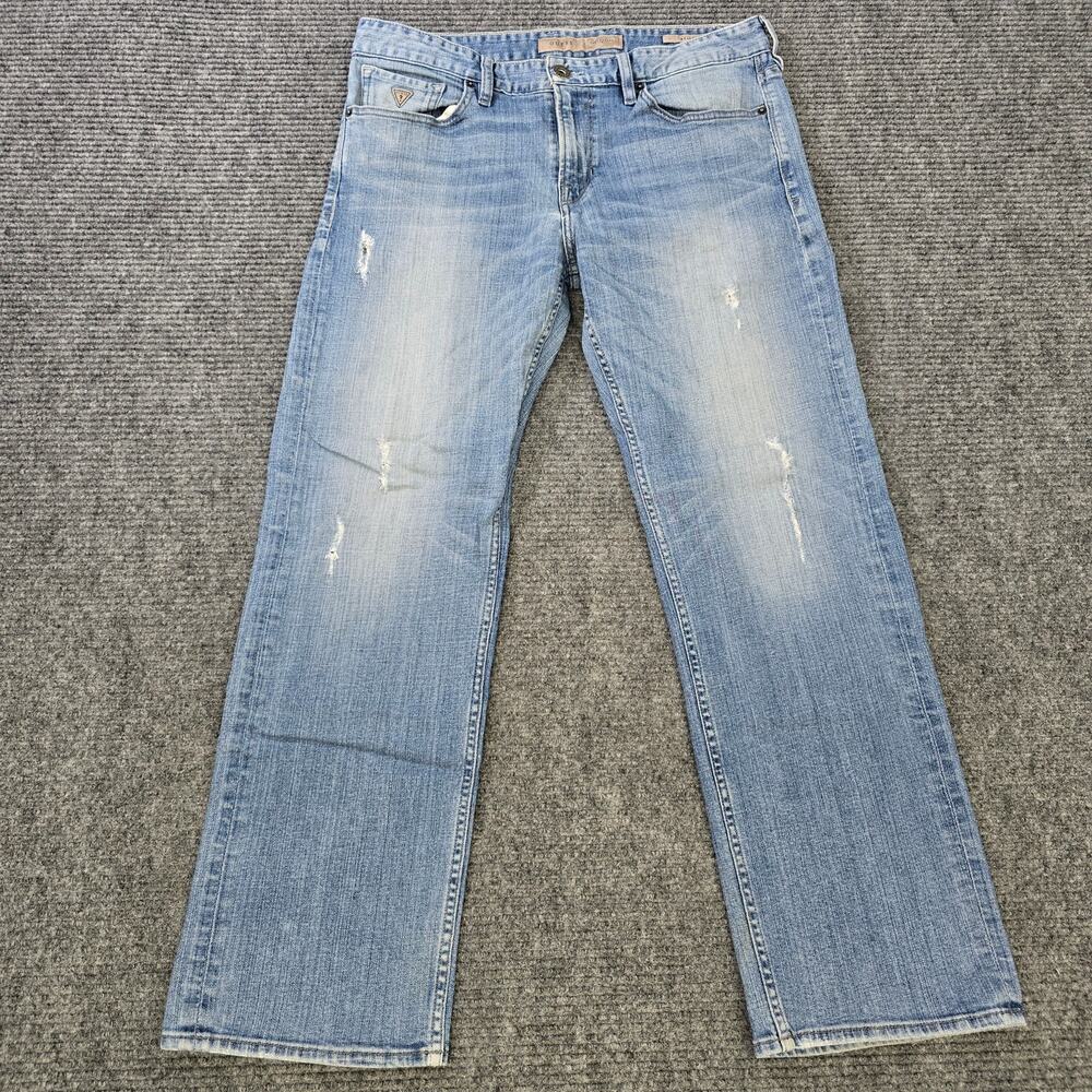 Guess Jeans Men's 33x30 Blue Relaxed Light Wash Distressed